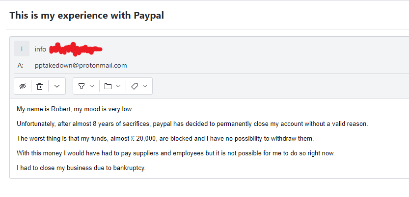 PaypalTakedown's tweet photo. #paypaltakedown #stopusingpaypal #paypal
EXPERIENCE OF A USER - PART 40

We appreciate Robert's courage for sharing his experience with us 🌈

We are all with you, Robert! Do not give up!💪 https://t.co/vzBwcOL7mX