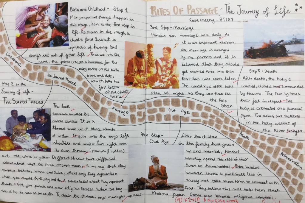 SGSPhilosophy's tweet photo. Examples of #SGSYear8 work in #ReligiousStudies . Rites of Passage, following the journey of life in #Hinduism . #KS3 https://t.co/uNe1rM9O9g