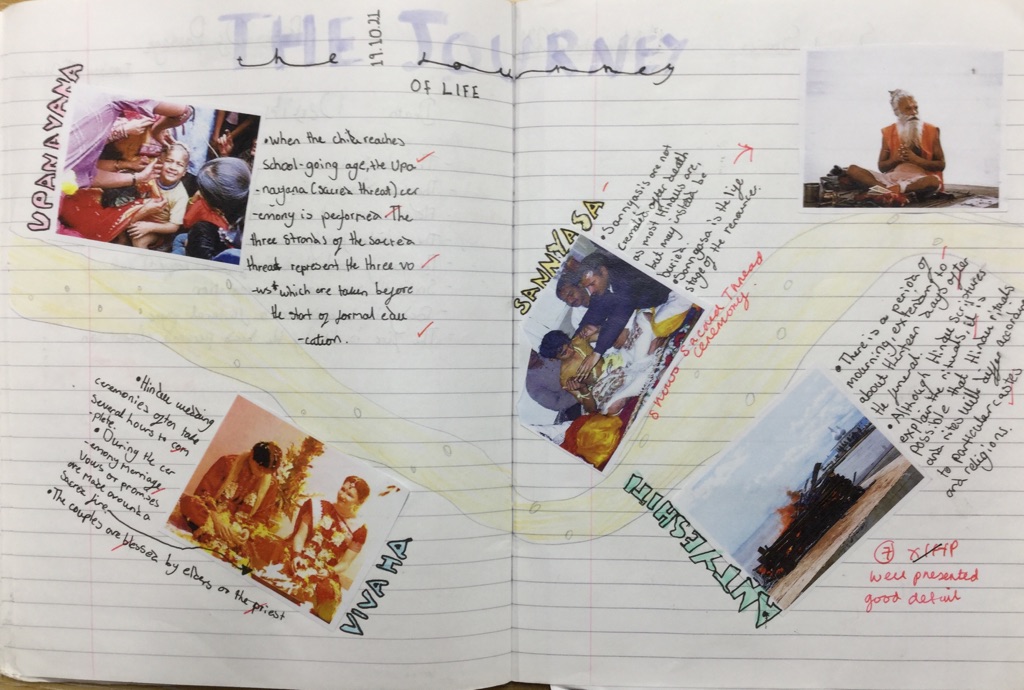 SGSPhilosophy's tweet photo. Examples of #SGSYear8 work in #ReligiousStudies . Rites of Passage, following the journey of life in #Hinduism . #KS3 https://t.co/uNe1rM9O9g