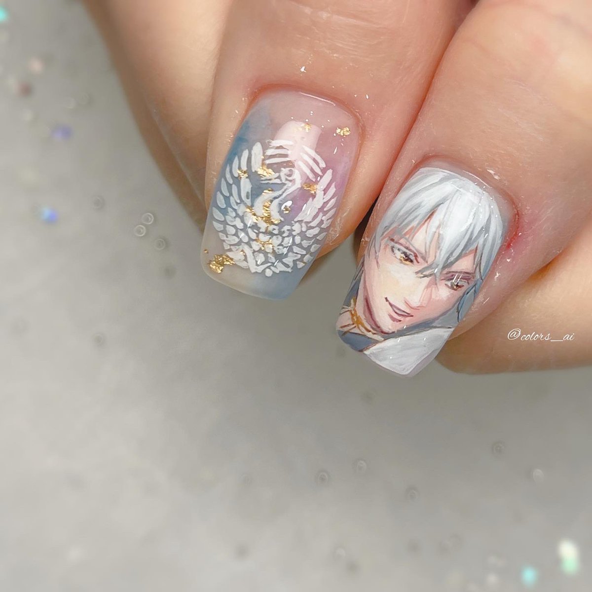 Twitter এ Color Sすずきあい お客様オーダー 刀剣乱舞無双 鶴丸国永 痛ネイル ゲームイメージで戦闘中に舞う羽根も 痛ネイル T Co Hxr5km4pqj ট ইট র