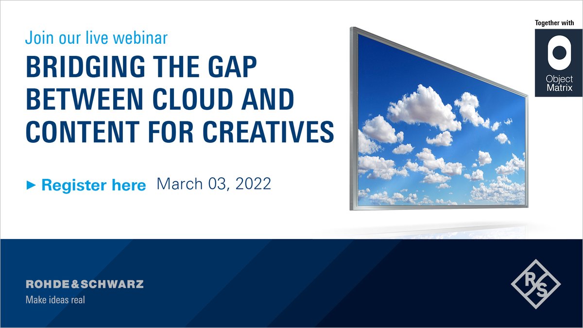 manormarketing's tweet image. In this webinar @RandS_Broadcast and @Object_Matrix will be discussing the challenges of hybrid live video #production &amp;amp; how #MatrixStore and Rohde &amp;amp; Schwarz helps producers to deliver quality #live content!
Sign up here: event.on24.com/wcc/r/3630883/…
#VENICE #SpycerNode #MediaStorage