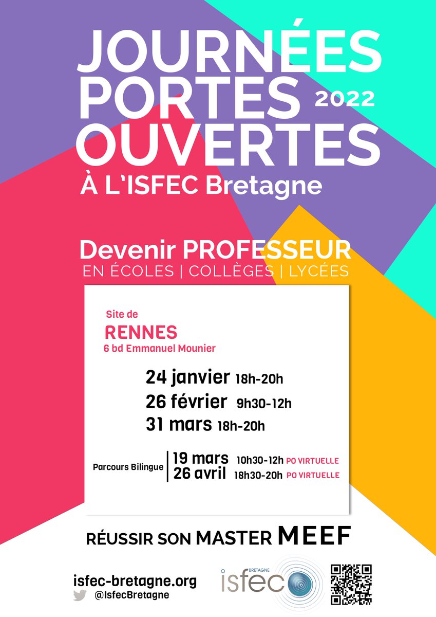 IsfecBretagne's tweet photo. Devenez professeur en écoles, collèges, lycées avec l'ISFEC Bretagne ! Journée Portes Ouvertes le samedi 26 février 2022 de 9h30 à 12h.
Formulaire d'inscription : https://t.co/UAX2VQ85m1 https://t.co/JmcYIzVfDy