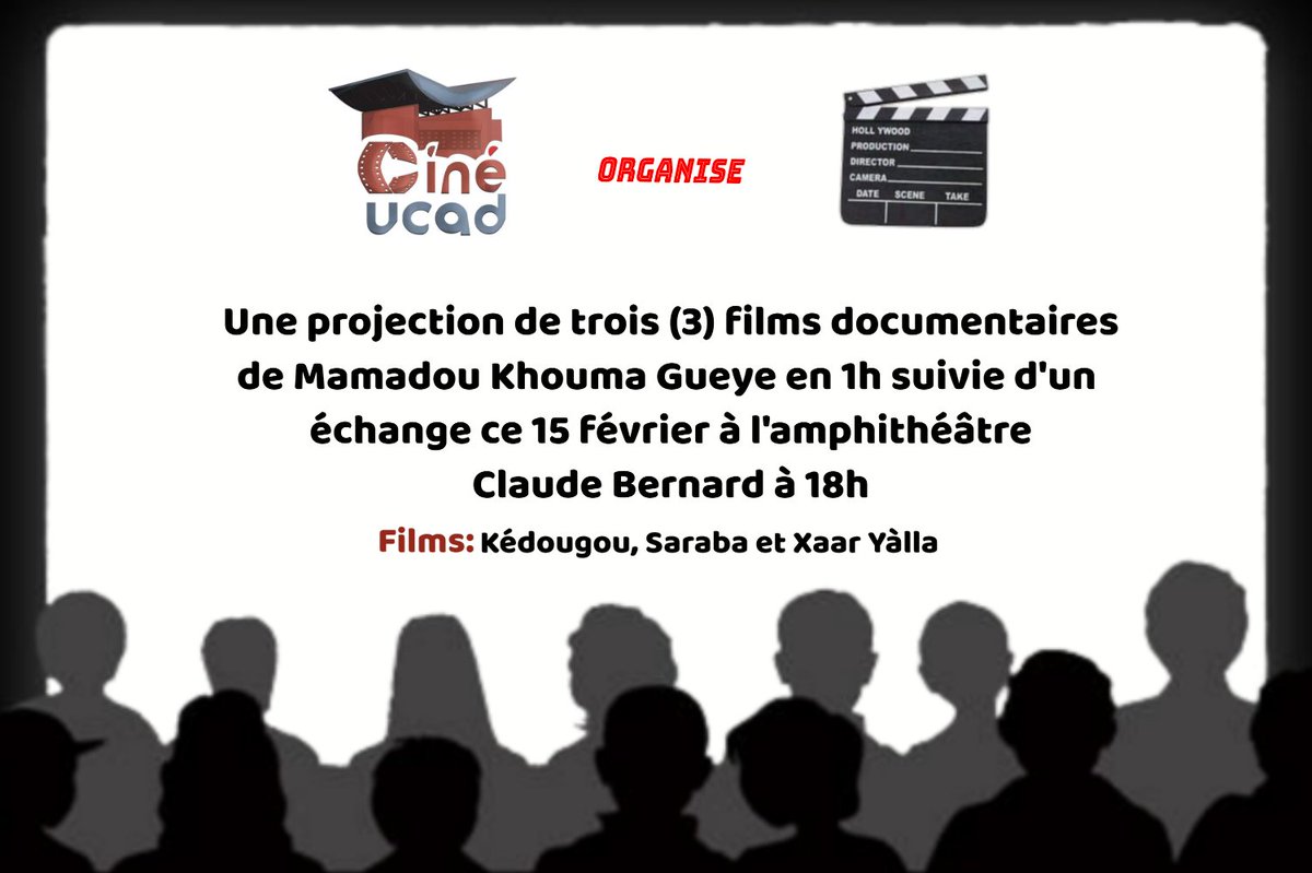 Fou_Conscient13's tweet photo. Une projection de 3 films documentaires de Mamadou Khouma Gueye en juste 1h de temps suivie d'un échange. 
Venez nous rejoindre à l'amphi Claude Bernard de la faculté de médecine de l'UCAD à partir de 18h (de rigueur)
Films: Kédougou, Saraba et xaar Yàlla. #projectionfilm #ucad https://t.co/jMZYO6NTYY