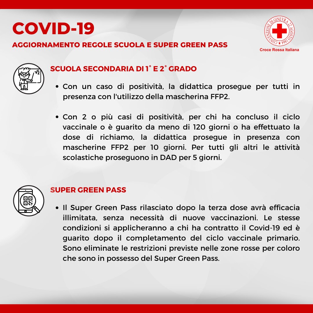 📍Scuola, Super Green Pass, discoteche e utilizzo della mascherina. Aggiornate le regole per il contenimento del #Covid19, ecco le nuove norme in vigore da questa settimana.👇