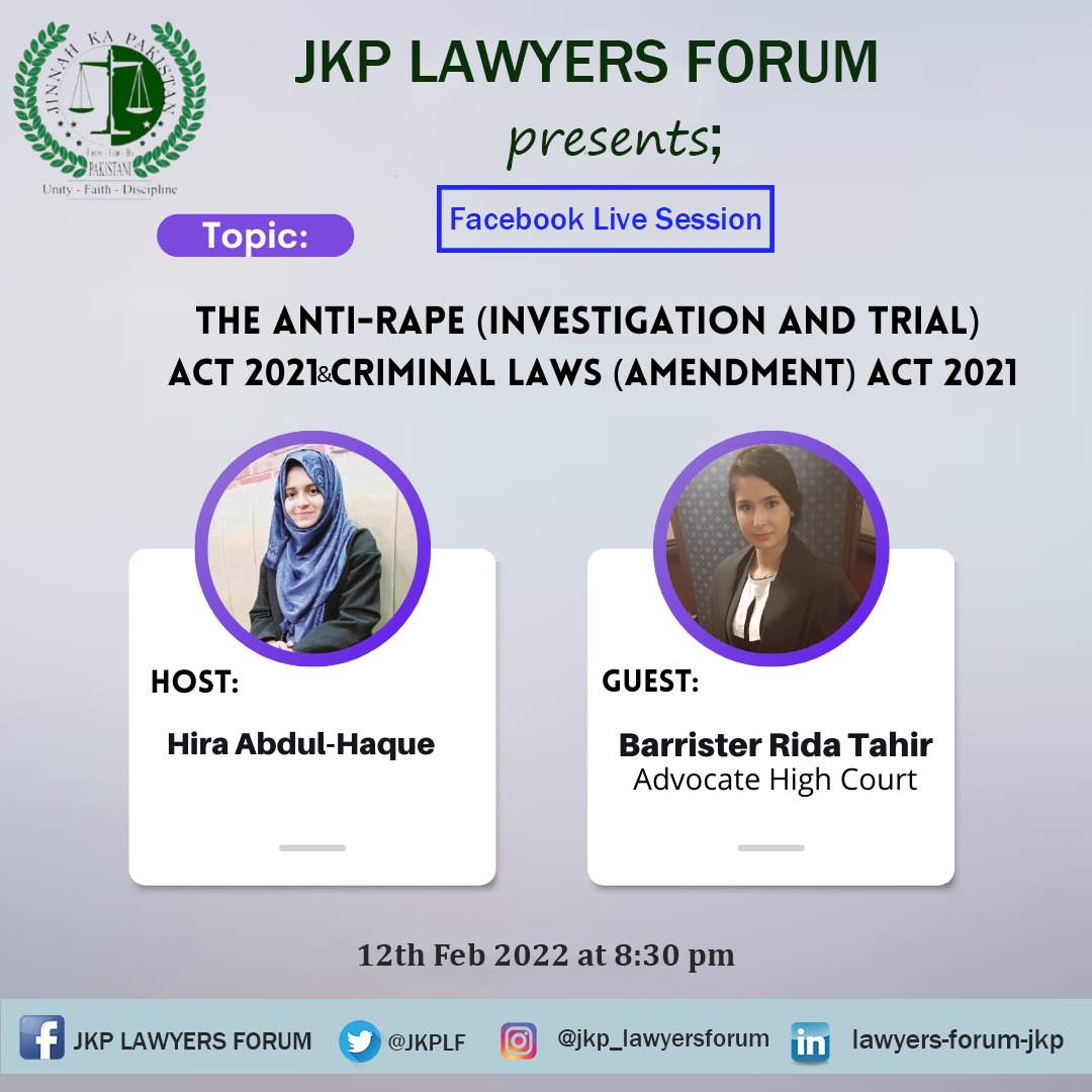 JKPLF's tweet photo. Here comes our another session with precious guest on one of the vital topic which is "The Anti-Rape (Investigation and Trial) Act 2021 and Criminal Laws (Amendment) Act 2021

#JKP #JKPLF
#jkplfmediacell #womenempowerment  #womenlawyers  #lawyerstyle https://t.co/109z94ELpS