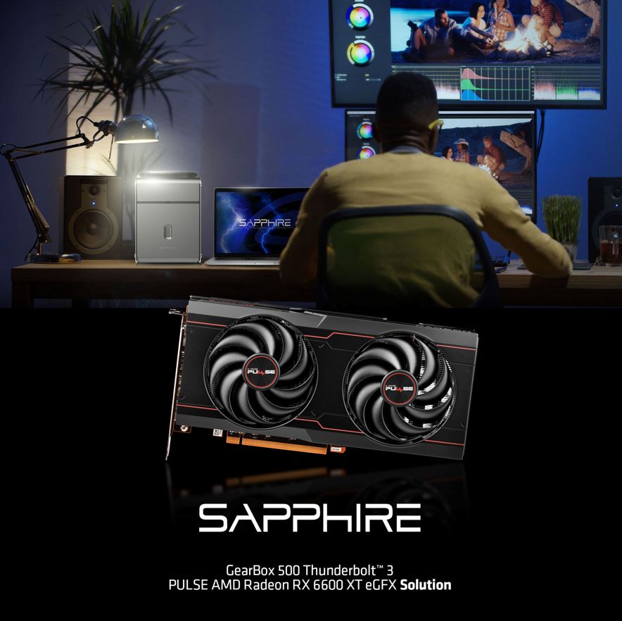 SapphireTech's tweet photo. The GearBox 500 Thunderboltโข 3 PULSE RX 6600 XT eGFX Solution enables you to boost professional and gaming applications using the lightning quick 40Gbps Thunderbolt 3 connecting interface!
.
.
#Gearbox500 #RX6600XT #AMD #Radeon #eGPU #Thunderbolt3 #SAPPHIRETechnology https://t.co/Ht2P98R54Q