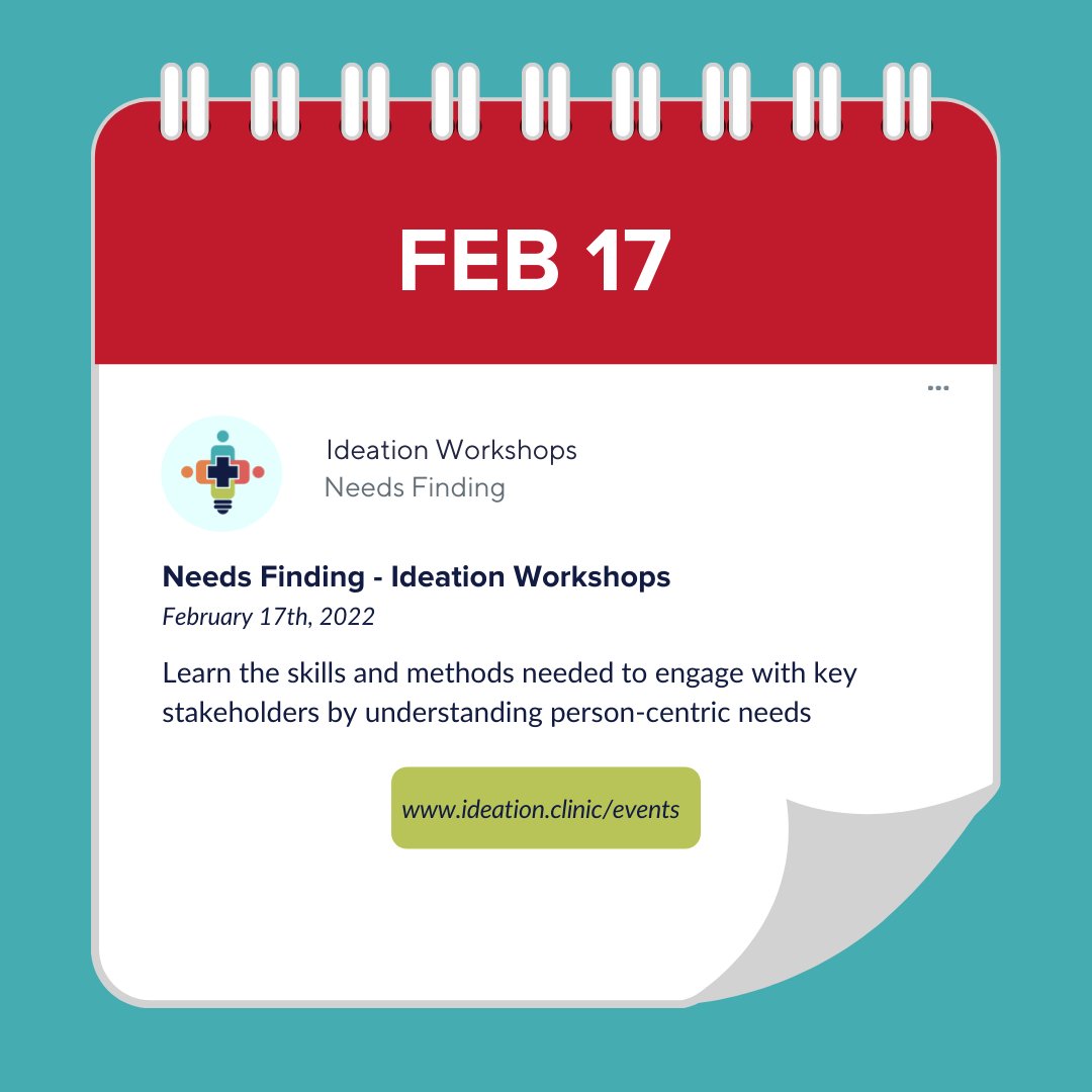 IdeationClinic's tweet photo. Interested in learning more about person-centric needs and innovation gaps? The Ideation Clinic presents the Needs Finding Workshop! On February 17th join us to learn more. Visit https://t.co/bQYDje8V60.

#ideation #ideationworkshop #healthinnovation #innovation #needsfinding https://t.co/32t76VOprB