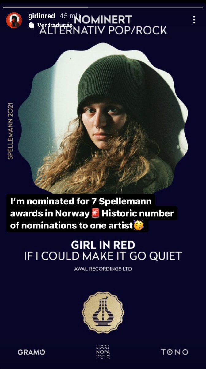 girlinred_br's tweet photo. Girl in red foi indicada em 7 categorias no Spellemann na Noruega!!! #worldinred https://t.co/PwSzhBbssr