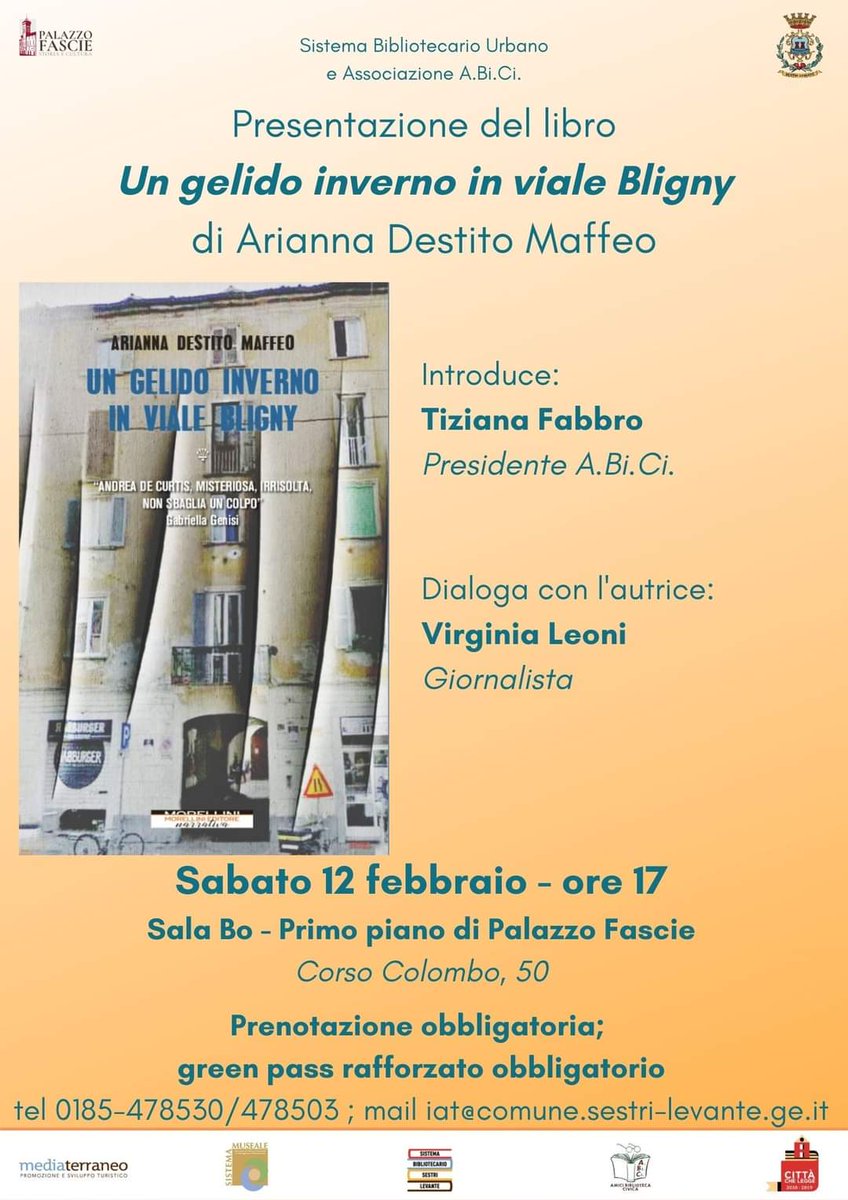 COM_SESTRILEV's tweet photo. 📌“Un gelido inverno in viale Bligny”
domani, sabato 12 febbraio alle 17
sala Bo - Palazzo Fascie
presentazione con l’autrice A. Destito Maffeo e la giornalista V. Leoni. 

Partecipazione gratuita ma con prenotazione (iat@comune.sestri-levante.ge.it; 0185478530) 

#tigullio2024 https://t.co/twZn31uAXz