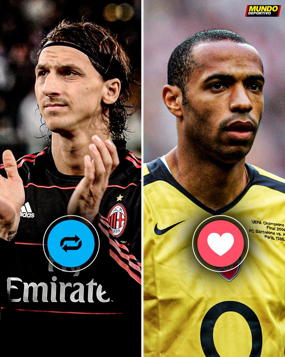 mundodeportivo's tweet photo. ⭐ Dos 𝙡𝙚𝙮𝙚𝙣𝙙𝙖𝙨 sin Balón de Oro
 
🤔 En su mejor momento, ¿con cuál te quedas? 

🔁 Por Zlatan Ibrahimovic 
❤️ Por Thierry Henry https://t.co/z3idzkrejm