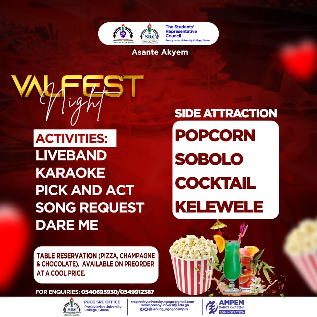 pucgagogo's tweet photo. The SRC of Presbyterian University College, Asante Akyem Campus presents #Valfest Night on Monday, 14-02-2022. 🔥🔥❤❤

"Love recognizes no barriers. It jumps hurdles, leaps fences, penetrates walls to arrive at its destination full of hope" -
@AngelouQuotes 
#chocolateday2022 https://t.co/p7C2LZz03B