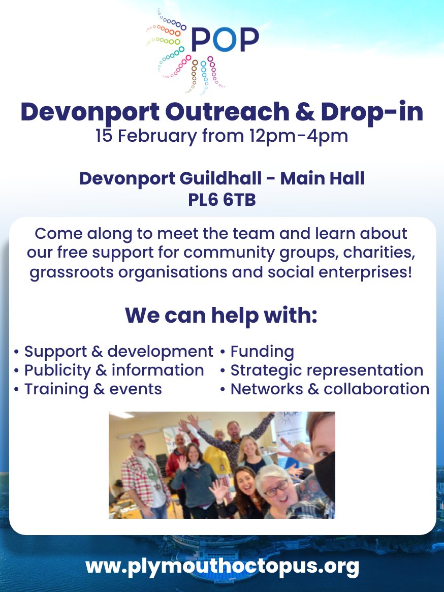 POP will be at the Devonport Guildhall on 15 February for our next Outreach & Drop-in! Come along to meet or catch up with the team, discuss your ongoing work, and receive free support & advice. All are welcome! Register for free at plymouthoctopus.org/events/pop-out… #popoutreach