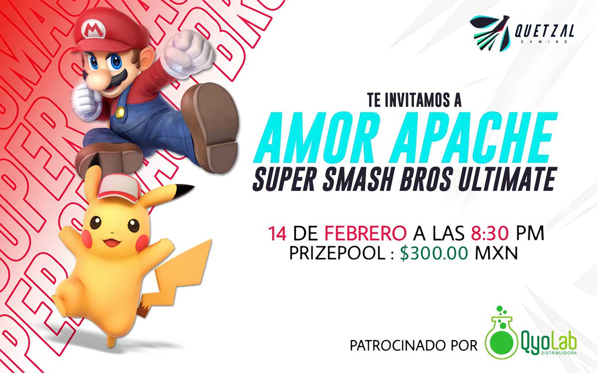 Trae tu duo y luchen por el amor este 14 de febrero. Participa en nuestro torneo Amor Apache y demuestra por qué tienes el mejor duo para este día especial.
Inscríbete en: smash.gg/tournament/amo…
#OwnTheTop
#QuetzalGaming
#SuperSmashBrosUltimate