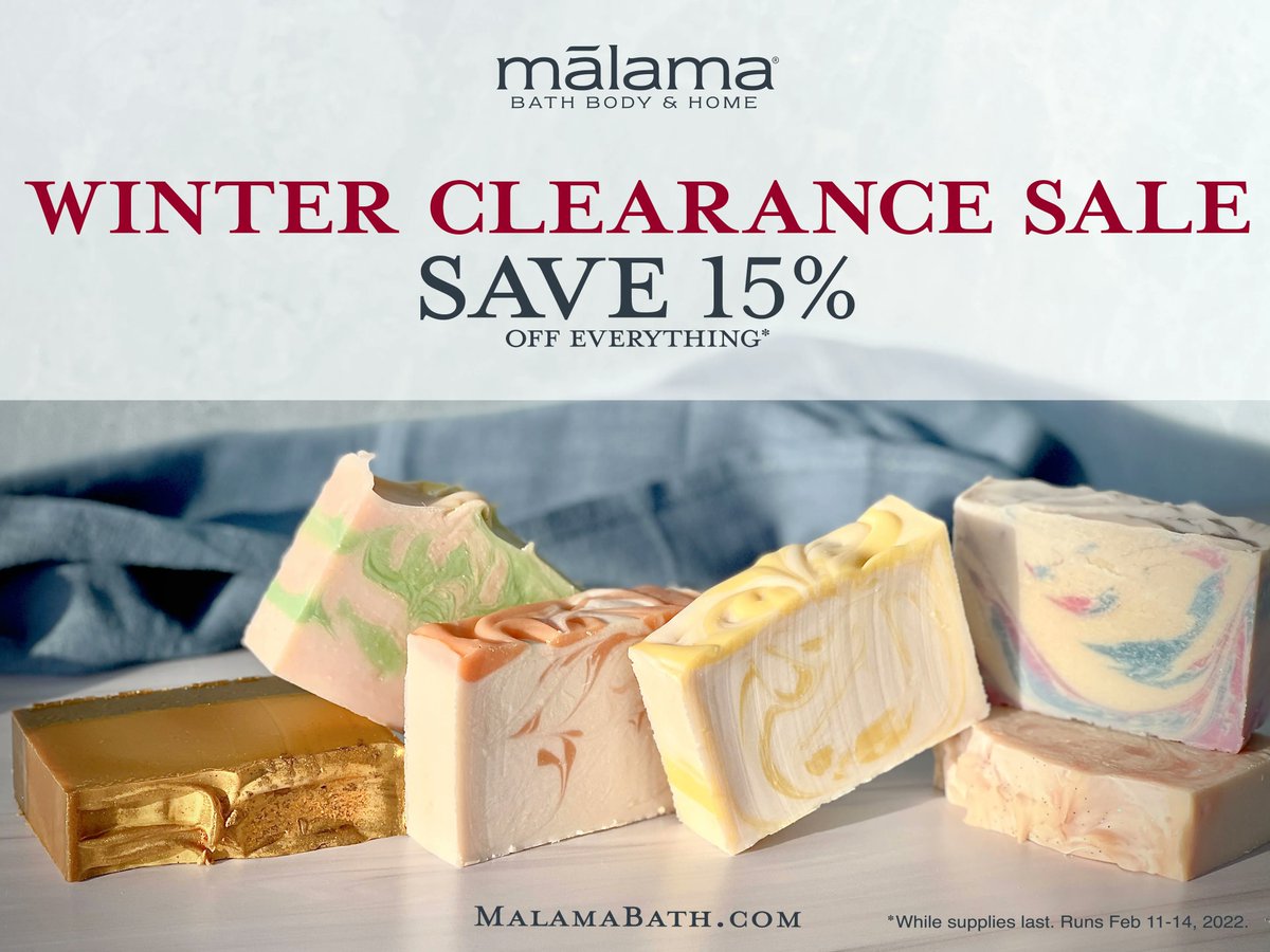 MalamaBath's tweet photo. We're running our Winter Clearance sale, starting today! Get 15% off everything—soaps, lotions, shampoo bars, and more! Get yours now.
https://t.co/MooH6nv2o4
#gifts #giftsforher #handmade #handmadesoap #coldprocesssoap #luxurysoap #naturalsoap #smallbusinesslove #naturalskincare https://t.co/yRz56D51Qq