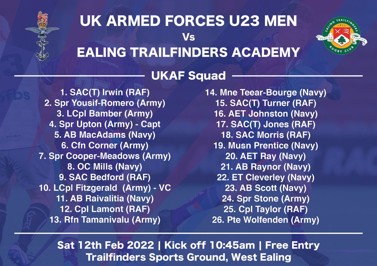 UKAFRugby's tweet photo. *SQUAD ANNOUNCEMENT - U23 Men v Ealing Trailfinders Academy*

Well done to all those selected to play against Ealing Trailfinders Academy tomorrow. Kick off at 1045 at Trailfinders Sports Ground. 

@RNRugby @armyrugbyunion @RAFRugbyUnion @ealingtfrugby @EalingTF_Brunel https://t.co/NmpKSwfBDF