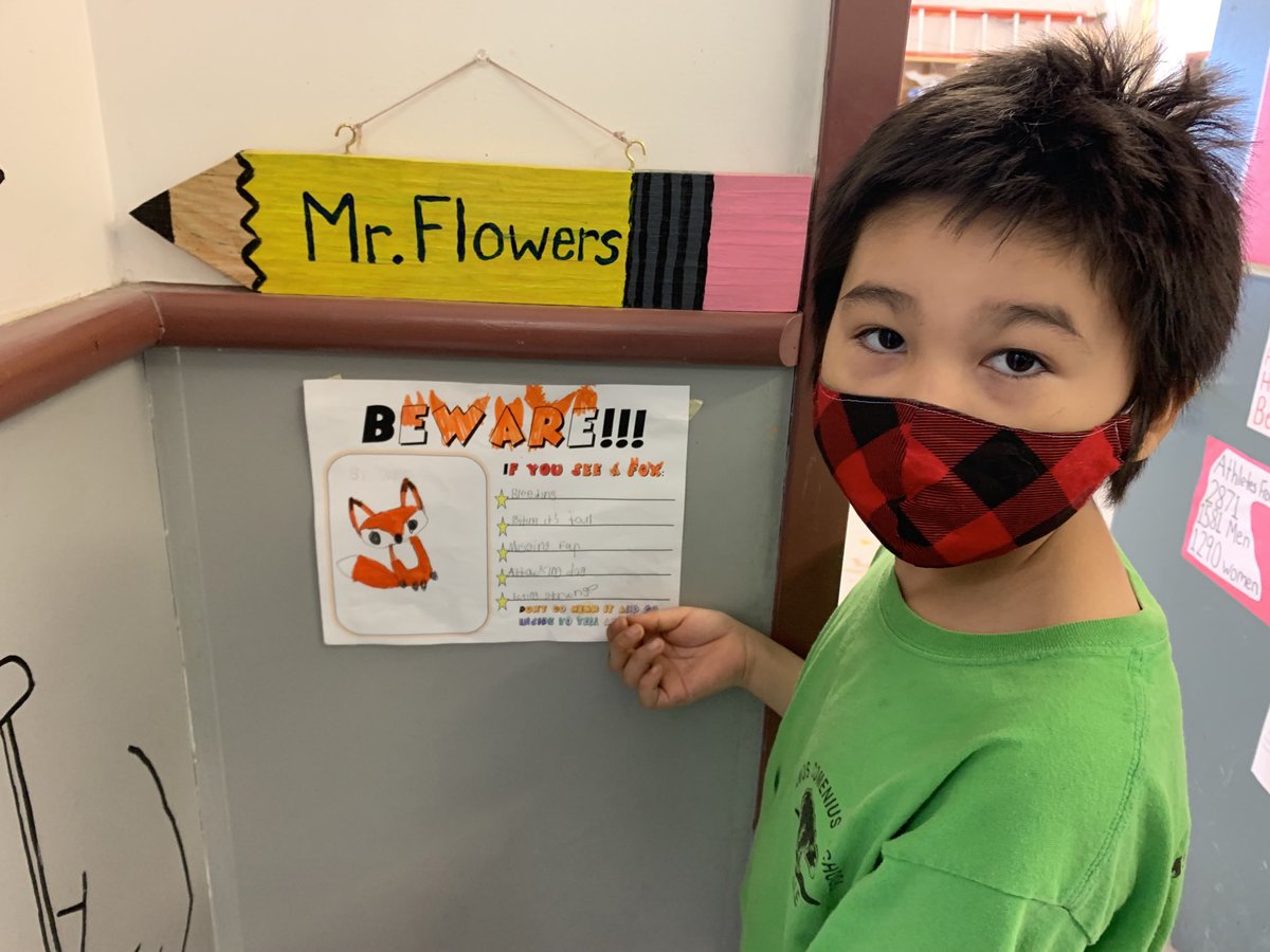 Our communities have been seeing a lot of strange fox sightings lately. We read  "Uapikun Learns About Rabies", a book about rabies education in Labrador. We made informational posters to post around the school. Stay safe everyone! ⁦<a href="/acms_nanuit/">ACMS Nanuit</a>⁩ ⁦@DickerShannon⁩