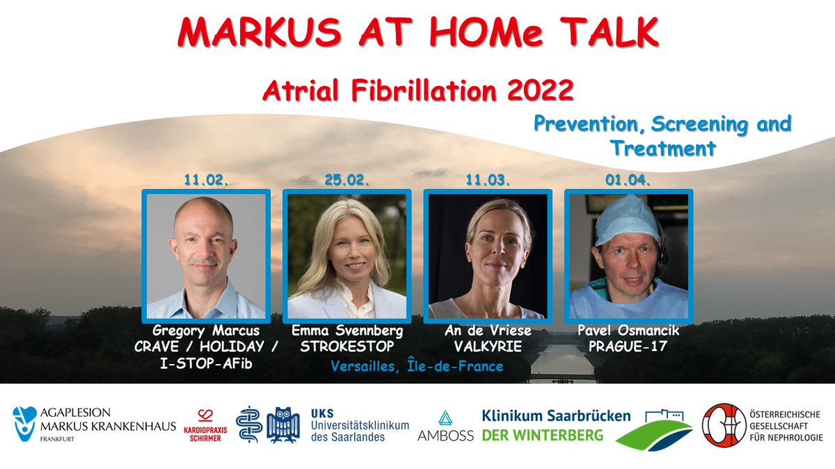 From tonight 7:30 PM, every two weeks:
MARKUS at HOMe - talks about AFib, including lifestyle, screening, anticoagulation in CKD, LAAC