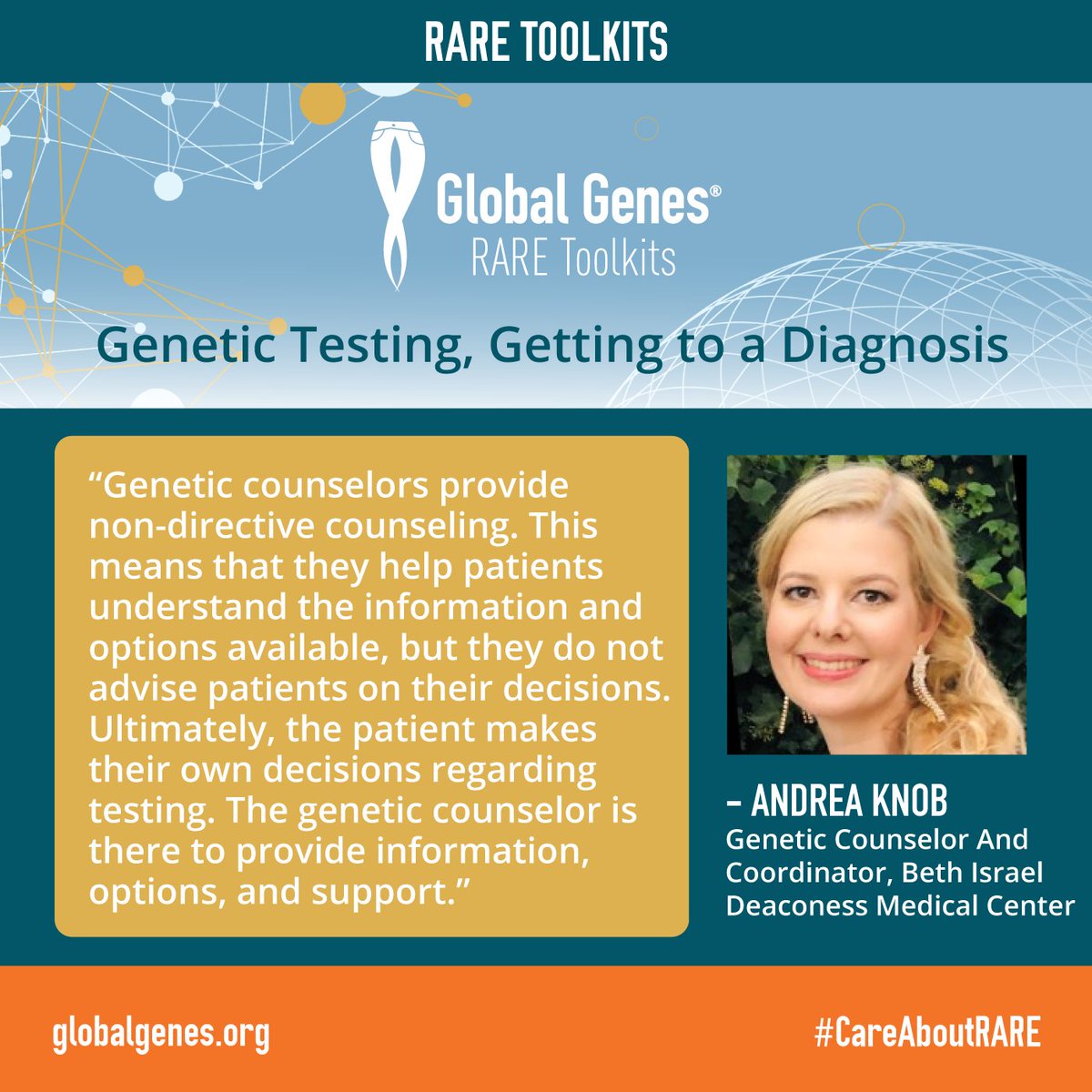 GlobalGenes's tweet photo. It’s important to understand your options to make the best decisions for you and your family. In our toolkit, Genetic Testing: Getting to a Diagnosis, learn the basics of genetics and what to ask a counselor. https://t.co/DYEWdxOpqs #geneticstesting #CareAboutRare #raredisease https://t.co/86D1Zn2uLu