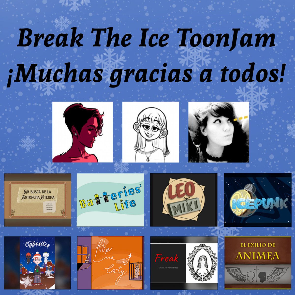 ¡Muchas gracias a todos por participar y a las juezas por su trabajo!
<a href="/UEuropea/">Universidad Europea</a> 
<a href="/karmendecordoba/">Carmen Córdoba</a> 
<a href="/Patrice_gm/">Patricia Gil</a> 
#BreakTheIceToonJam