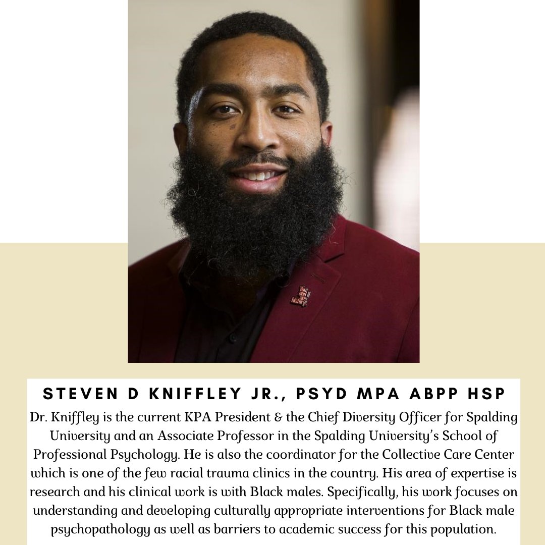 As we continue to celebrate Black History Month, we highlight Dr. Steven D. Kniffley, Jr., who is the current KPA President, the Chief Diversity Officer for Spalding University. Click here to read more about his work. bit.ly/34l1ZKp #BlackHistoryMonth #BlackPsychologists