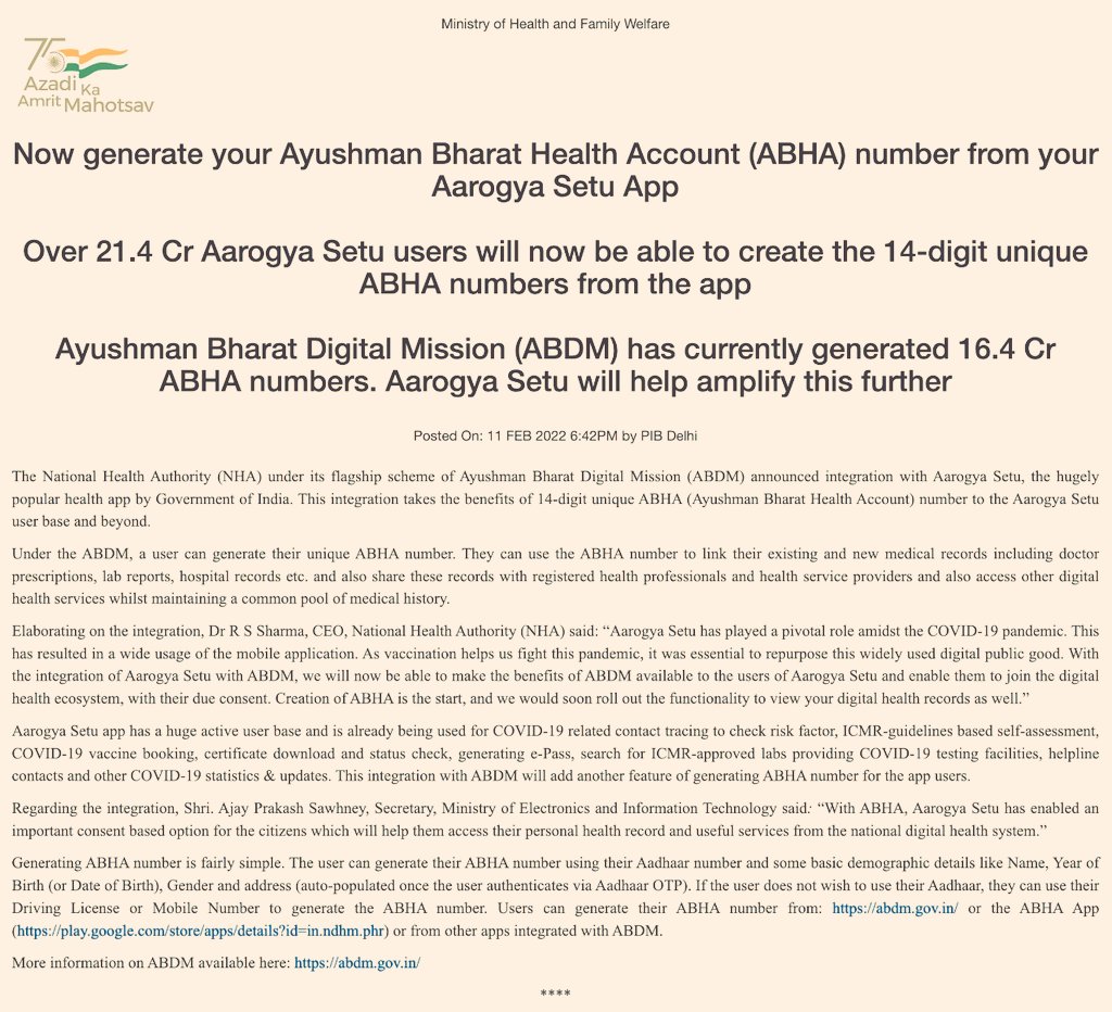 #Unite2FightCorona #LargestVaccineDrive ➡️ Now generate your Ayushman Bharat Health Account (ABHA) number from your Aarogya Setu App. ➡️ Over 21.4 Cr Aarogya Setu users will now be able to create the 14-digit unique ABHA numbers from the app. pib.gov.in/PressReleasePa…