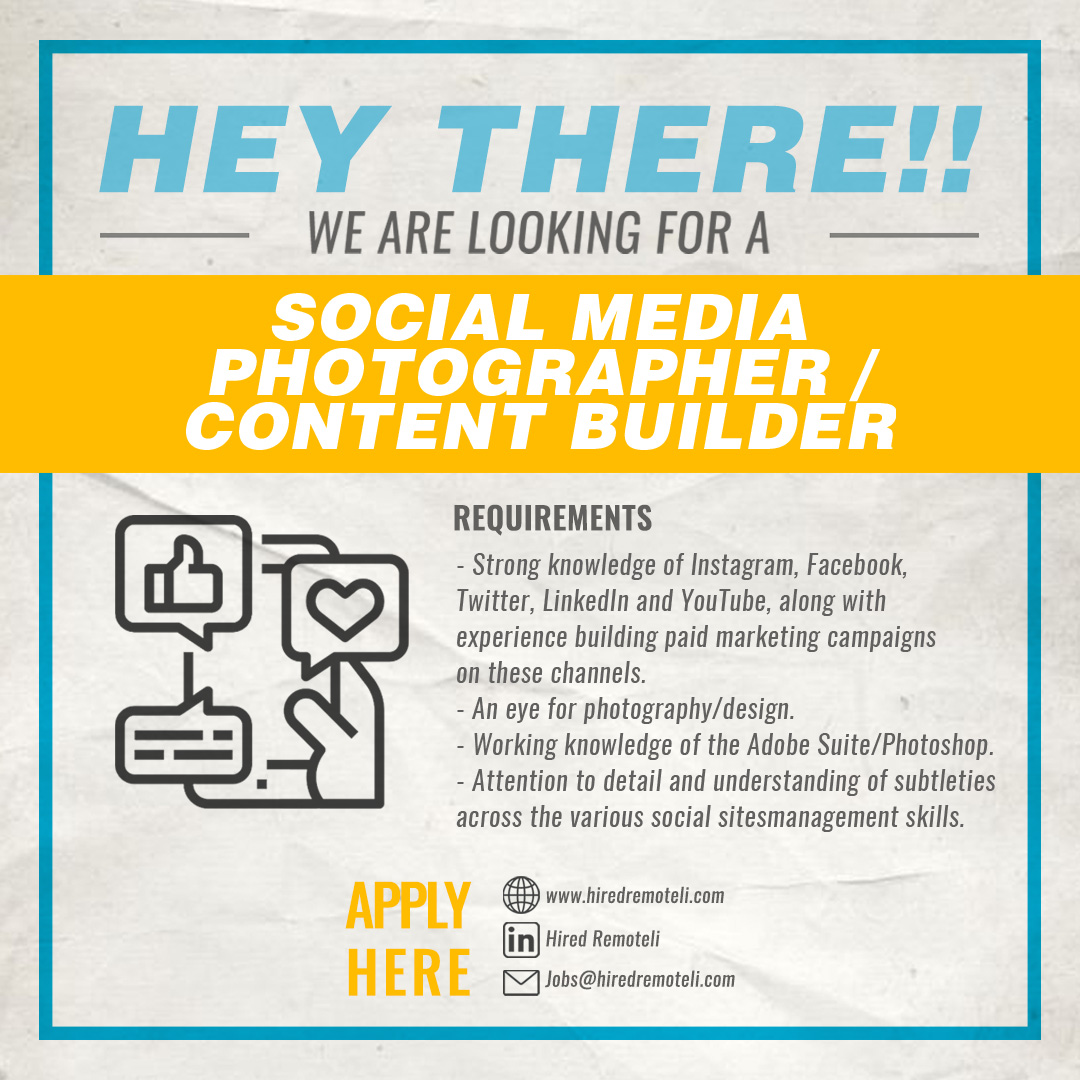 HiredRemoteli's tweet photo. We are #hiring a Social Media Photographer / Content Builder.

Apply now!

👇👇👇🔽🔽🔽
https://t.co/EmcFJadXpF
🔼🔼🔼👆👆👆

#ForgetTheOffice #RemoteJobs #RemoteWork #WorkFromHome https://t.co/o785BKTJcD