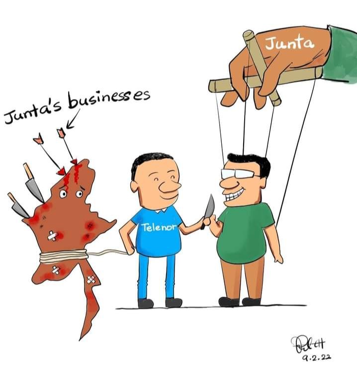 Telenor's sale on junta-run &amp; M1Group companies issues an irresponsible engagement to the rights of 18+mls users. It may also share about our data, personality and security infos to the reach of genocidal army. So, It's time to dropout your sale and taxes. #Telenor_StopTheSale