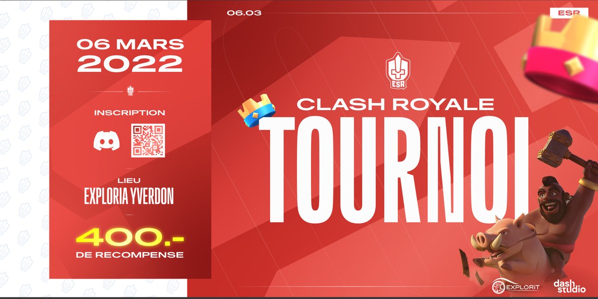 🏆 #Tournoi

La date se rapproche !
Tu es dans le coin et tu comptes venir gagner ? 👀

Plus d'infos et pré-enregistrement ouvert sur notre discord :
📝 discord.gg/dj5wGaF

👑 Tournoi #ClashRoyale 1v1 ⚔️
🗓️ Dimanche 6 mars 2022
🌐 EXPLORiT à Yverdon-les-Bains

#ESROnFire 🔥