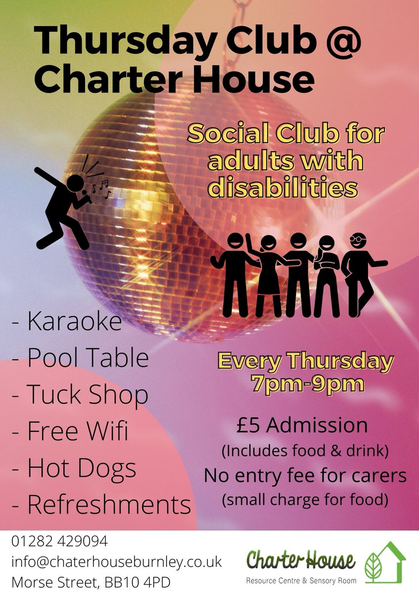 CharterHouseCIC's tweet photo. Every Thursday, 7pm-9pm ⏰ we host a fun, social evening for adults with disabilities (16+) 👩‍🦰🧑‍
Why don't you join us to make new friends 👫 enjoy some tasty food 🌭 &amp; have a boogie! 💃
Please phone the office on 01282 429094 if you would like more information ☎️
#Disability https://t.co/auxsAMvLu3