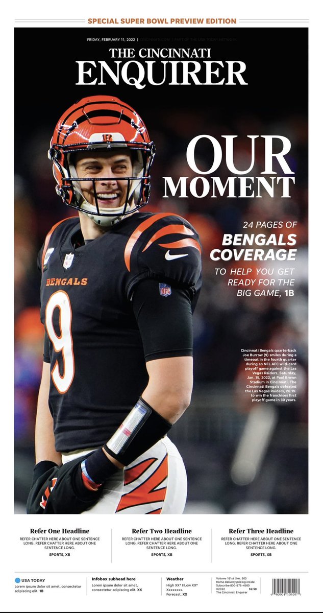 SirBoywonder513's tweet photo. Make Sure You Pick Up An @CinEnquirerBRK Paper Today !
#SuperBowl 
#KingBurrow https://t.co/eqt7PGFdzE