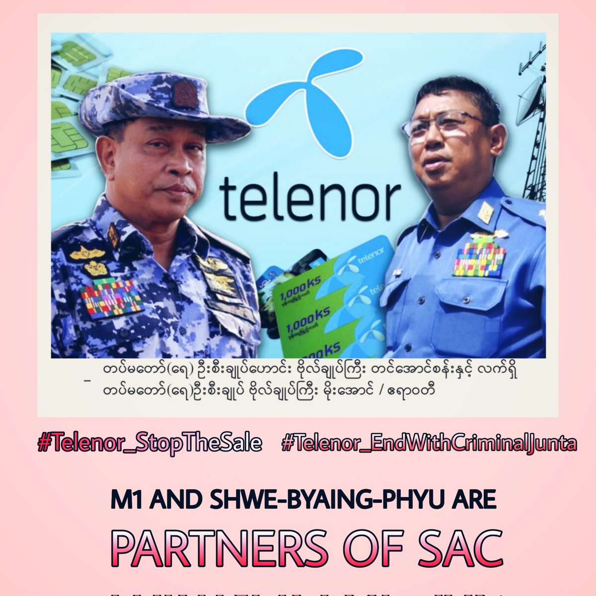 The sale of Norwegian telecoms's subsidiary Telenor Myanmar,@Telenor_mm, to SAC would probably challenge the public over the information leaks. It would result "terrible transfer of control over the vital user data" of more than 18 million Telenor customers. 
#Telenor_StopTheSale