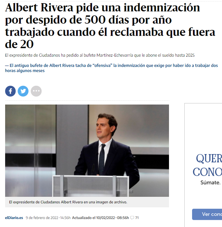JulianMaciasT's tweet photo. 🙈Albert Rivera quería rebajarle la indemnización por despido de 33 a 20 días a los currelas que trabajan 40 hs/sem, pero para él quiere 500 días por año por trabajar 2 horas al mes.
🙉La CEOE ve inasumible un sueldo de 1.000 €, pero le parece humilde que ellos cobren 300.000 € https://t.co/42ky8Ht0iy