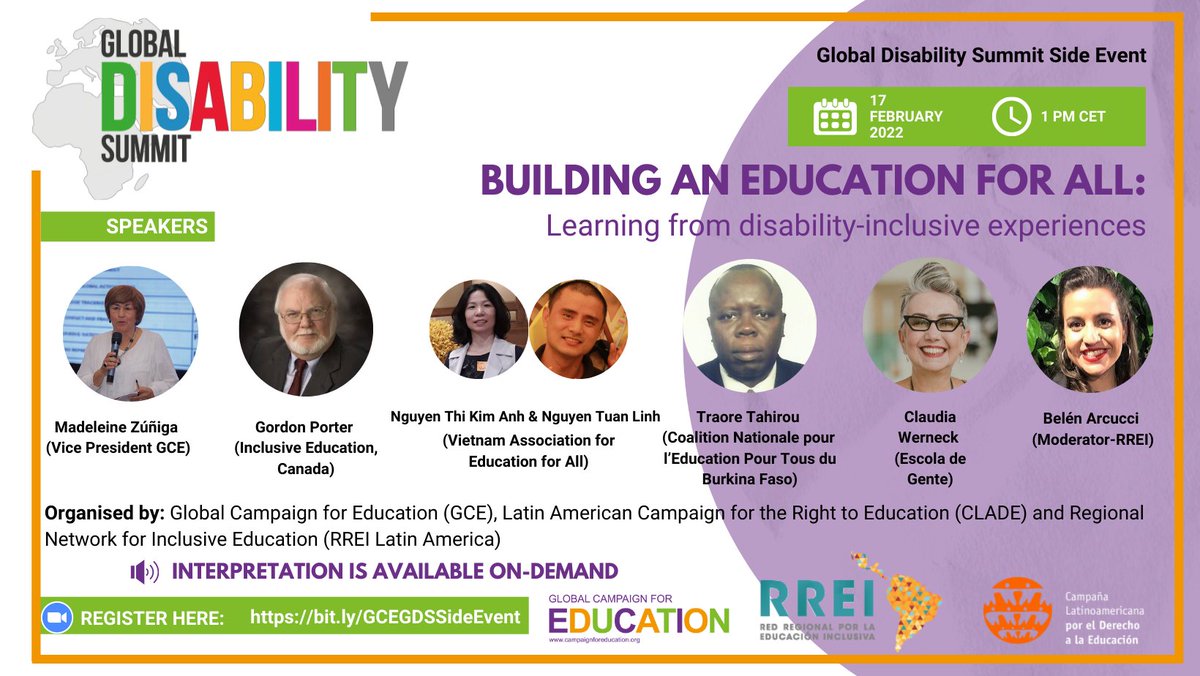 Don’t Miss! <a href="/globaleducation/">Global Campaign for Education</a> <a href="/redclade/">CLADE</a> and <a href="/RREI_inclusiva/">RREI.Latinoamérica</a> #GDS2022 #GDSIE  Side Event: Building an education for all: learning from disability-inclusive experiences. 
Register Now! bit.ly/GCEGDSSideEvent 
#InclusiveEducation