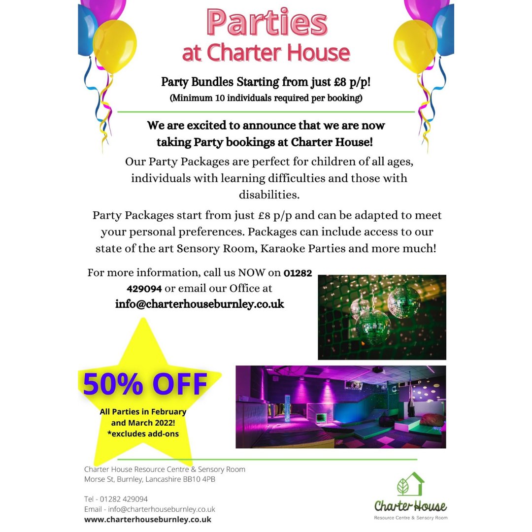 CharterHouseCIC's tweet photo. We are taking #Birthday #Party bookings!🎂

From Sensory Room Parties🎊 to Karaoke Parties🎤 and much more! 
As a special offer from us, you can enjoy a massive 50% off your party package for any parties held in February and March 2022💸
Please call the office on 01282 429094☎️ https://t.co/CiGSXvfeRx