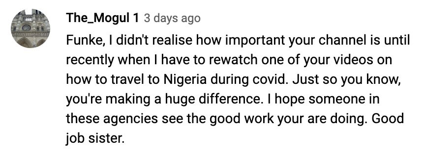 Sassy_Funke's tweet photo. I love to read messages like these. If you’re NIGERIAN and you’re looking to travel to Nigeria or out of Nigeria, make sure to check out my YouTube channel https://t.co/521JXw78qn

I am EVERY Nigerian’s guide to traveling ✈️ during the pandemic and beyond ☺️☺️ https://t.co/UmLjgNbSU3