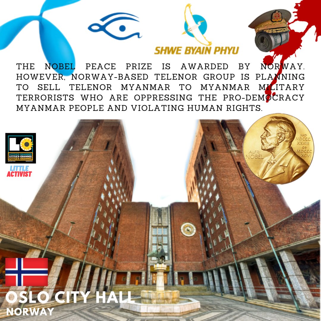 The Nobel Peace Prize is awarded by Norway. However, Norway-based @TelenorGroup is planning to sell @Telenor_mm to #MyanmarMilitaryTerrorists who are oppressing the Myanmar people &amp; violating human rights. #Telenor_StopTheSale #Telenor_EndWithCriminalJunta