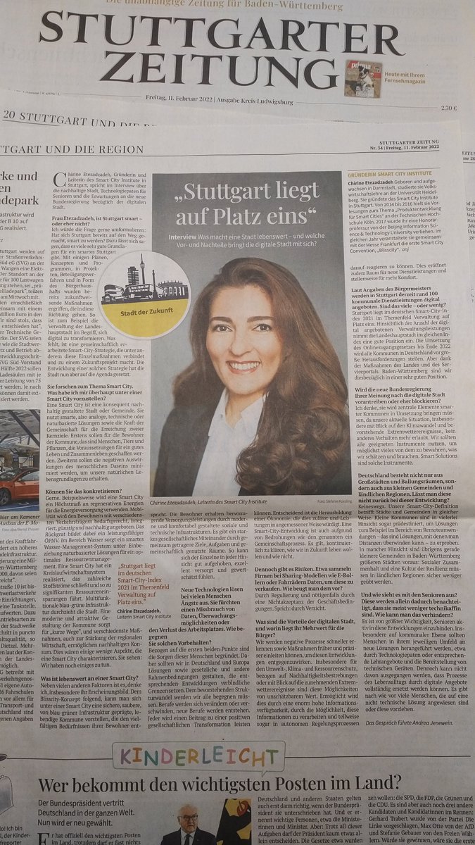 Vielen Dank für den schönen Beitrag heute in der Stuttgarter Zeitung! Link zum Artikel: bit.ly/3Jl45ZD

#stuttgart #smartcity #verwaltung #bgi  #nachhaltigkeit #digitalisierung #partizipation #kohäsion #zukunft #SCMiG #SmartCityInstitute #etezadzadeh <a href="/StZ_NEWS/">Stuttgarter Zeitung</a>