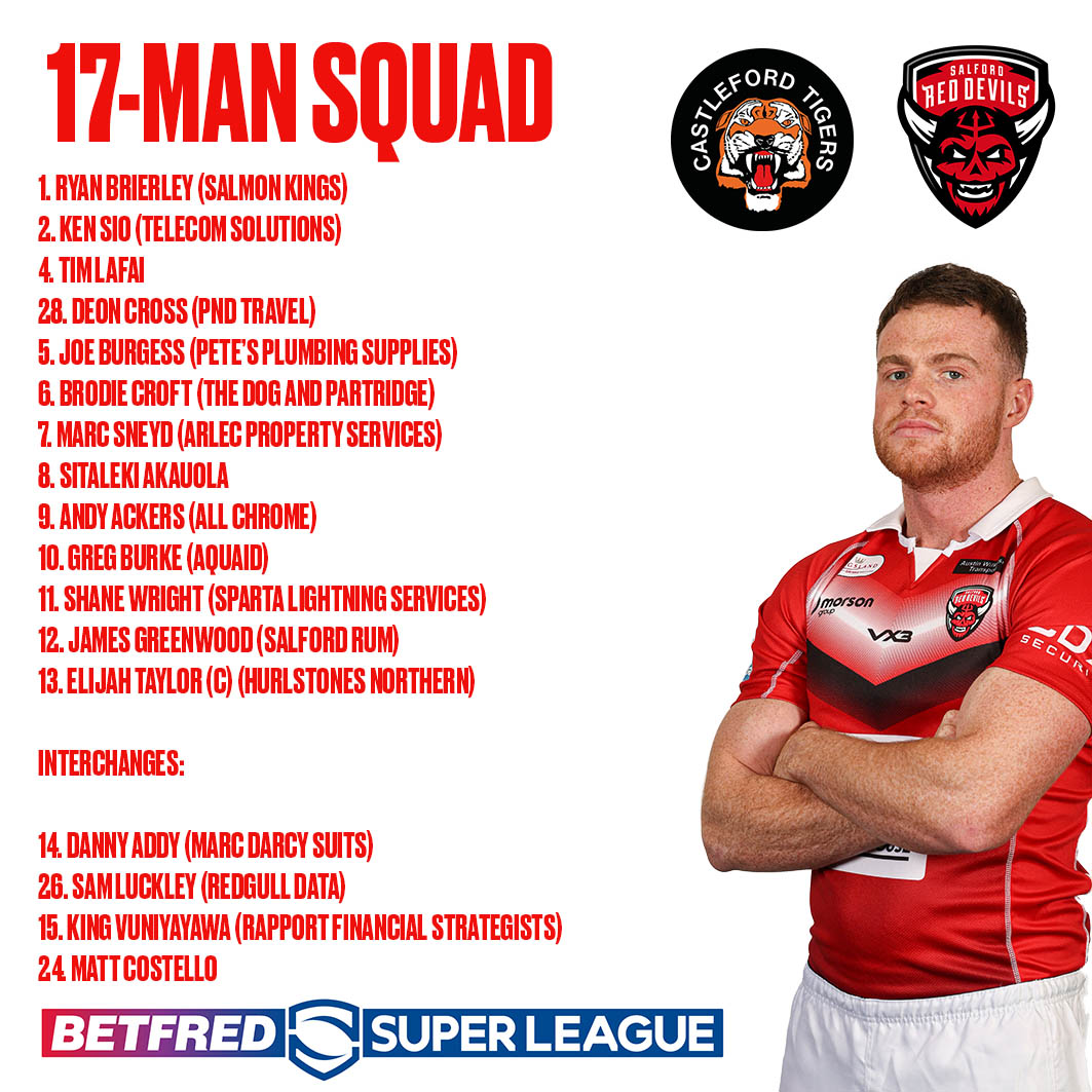 📋 | 𝟭𝟳-𝗠𝗔𝗡 𝗦𝗤𝗨𝗔𝗗

👥 Here's how your Salford Red Devils line up for our first <a href="/SuperLeague/">Betfred Super League</a> game of 2022!

🤔 Who's joining us at the Mend-A-Hose Jungle tonight?

#SLCASSAL

🔴👹