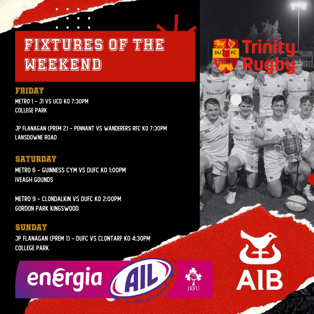 DUFCRUGBY's tweet photo. 🔴⚫️WEEKEND FIXTURES⚫️🔴

No AIL this weeks but plenty of action in the club! 

Check for updates on teams!

#backbyaib https://t.co/eltJ08BOH3