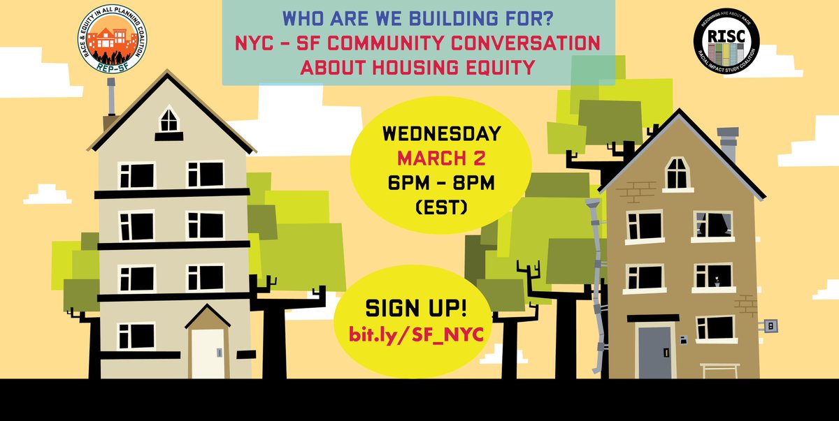 NYC is not alone in facing a housing crisis, and 
<a href="/RacialStudy/">Racial Impact Study Coalition</a> is excited to announce that we are partnering with <a href="/REPCOALITIONSF/">Race & Equity in all Planning Coalition</a> to host a bi-coastal community discussion about housing equity.

Join us in building cross-country solidarity!

Register Here: bit.ly/SF_NYC
