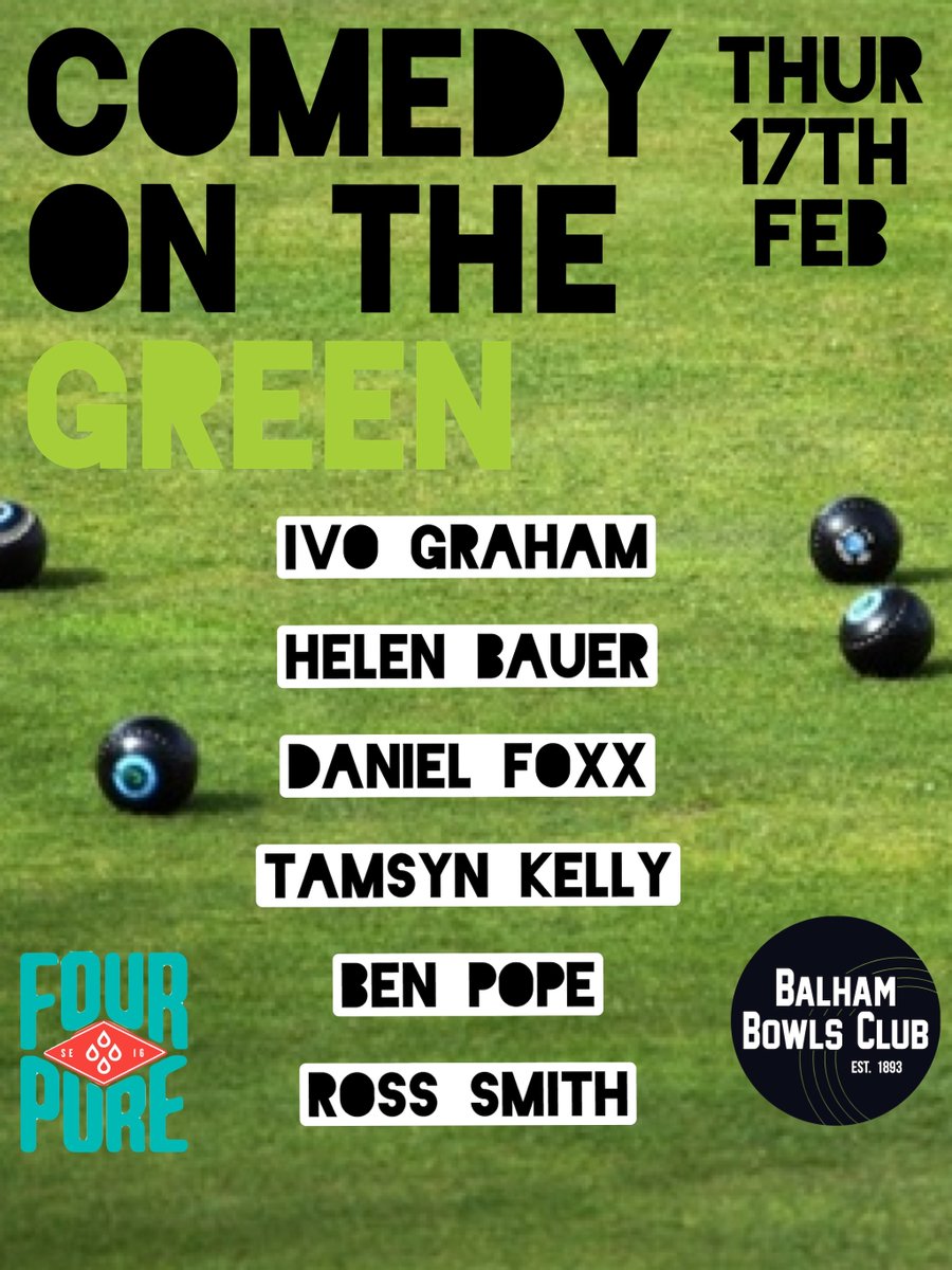 ComedyontheG's tweet photo. This Thursday (17th February) we have an amazing 
line up for you. The fantastic @IvoGraham will be joining us along with @HelenBaBauer, @TamsynKelly, Daniel Foxx, Ben Pope and @Rosssmithcomedy 
Ticket in the link in the bio or can be bought on the door at Balham Bowls Club pub. https://t.co/TPw0Jdb6r4
