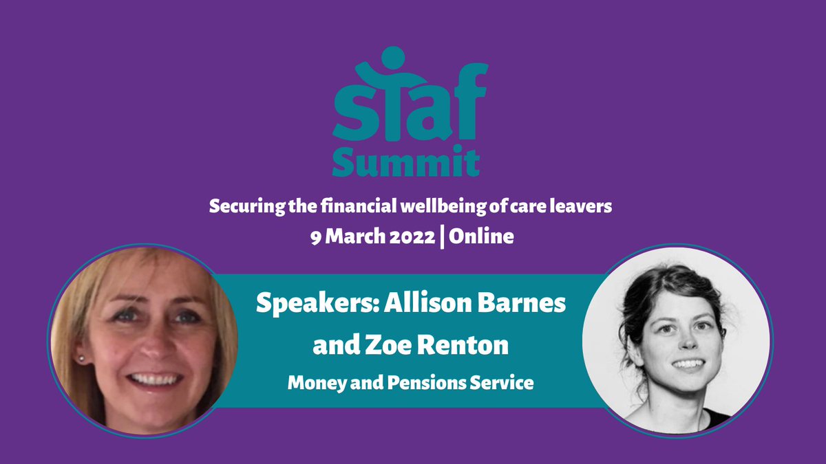 We're so pleased to welcome <a href="/AllisonBMAS/">Allison Barnes</a> and <a href="/ZoeRenton/">Zoe Renton</a> from <a href="/MoneyPensionsUK/">Money and Pensions Service (MaPS)</a> to #StafSummit22. They'll update on 2 key projects of interest to those supporting care leavers: Money Guiders programme and the forthcoming financial education guides for LAs.
🎟️bit.ly/StafSummit22