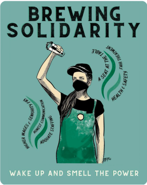 greenhousenyt's tweet photo. Powerful Slogan and Poster for the Unionization Drive at Starbucks:  

BREWING SOLIDARITY: Wake Up and Smell the Power https://t.co/JH2u8fUMYF