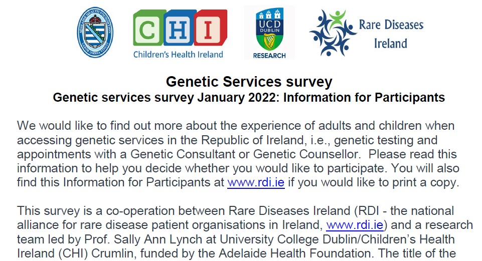 Rare Diseases Ireland (@rarediseasesie) on Twitter photo Final days of 'deep dive' survey looking at genetic services - closing Feb 20. Please complete survey - your 'lived experience' will feed into future development of services. We particularly want to hear from those currently on waiting list and men - spread the word! <a href="/annnlynch/">Sally Ann Lynch</a> Final days of 'deep dive' survey looking at genetic services - closing Feb 20. Please complete survey - your 'lived experience' will feed into future development of services. We particularly want to hear from those currently on waiting list and men - spread the word! <a href="/annnlynch/">Sally Ann Lynch</a>