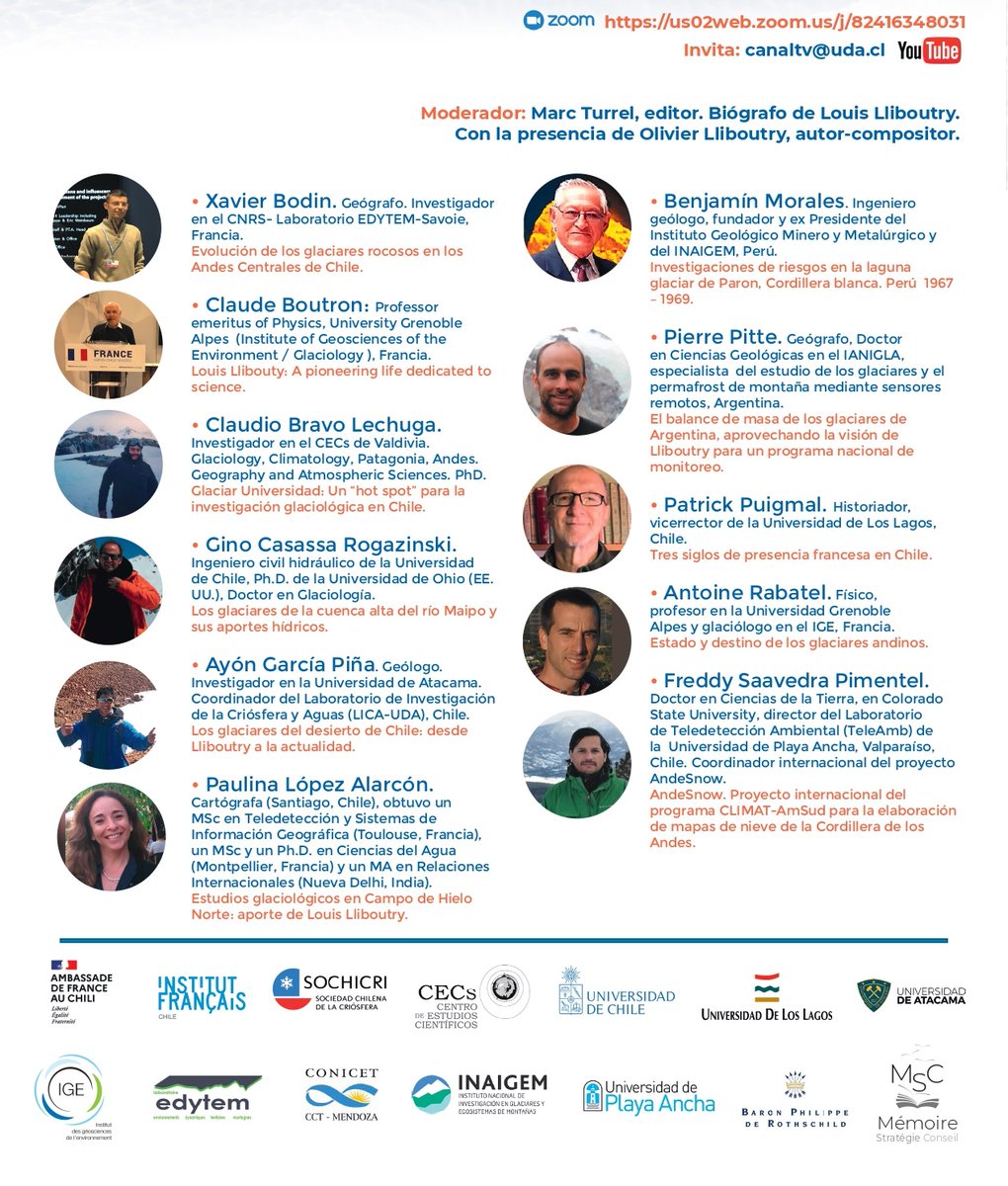 ayongarcia1's tweet photo. Están todos invitados a participar del Coloquio en homenaje a uno de los pioneros de los estudios glaciológicos. 
Coloquio Centenario Louis Lliboutry
El hombre que descifró los glaciares
18 de febrero de 2022 11h30 (hora de Chile) 16h30 (hora de Francia)
https://t.co/c13unGZ4Gz https://t.co/JC7lQNNPXc