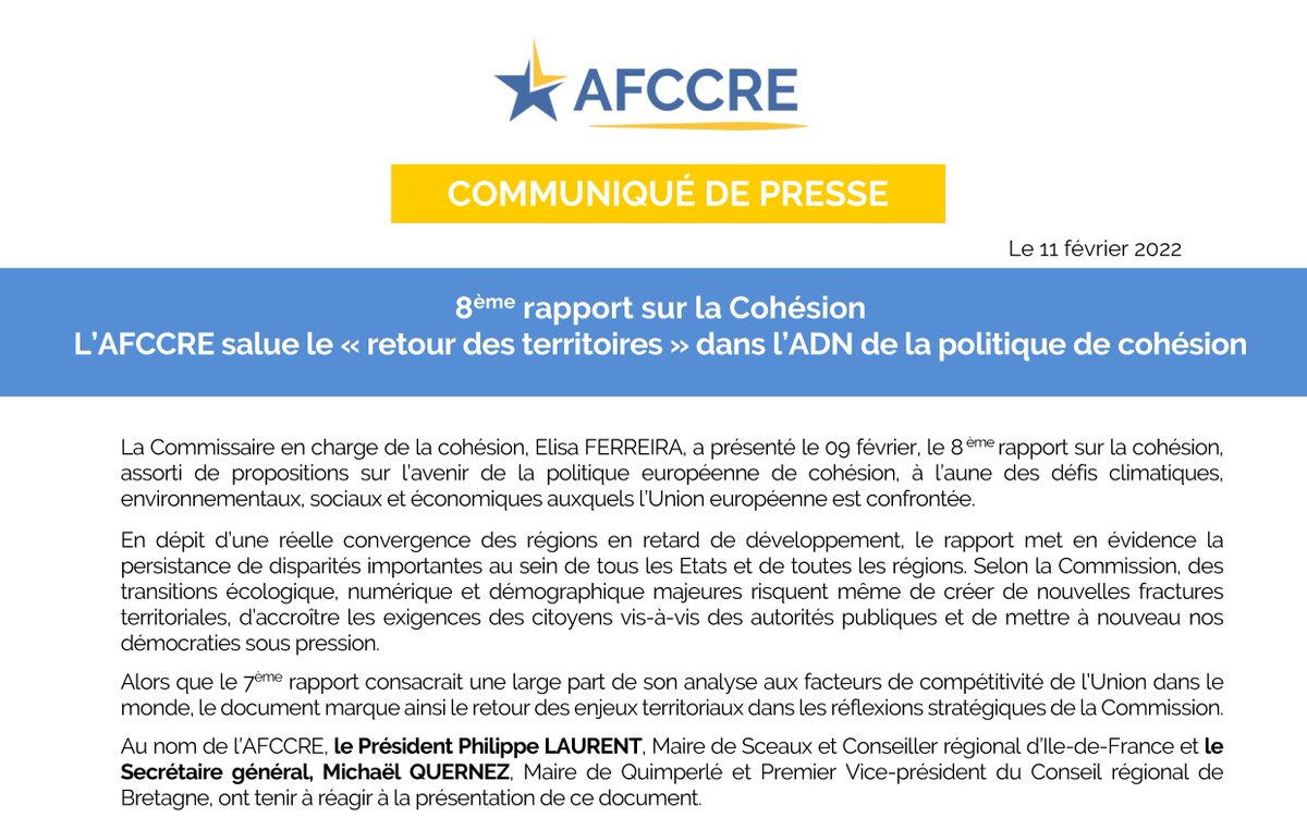 afccre's tweet image. L’AFCCRE salue le « retour des territoires » dans l’ADN de la politique de cohésion.
@laurent_sceaux, Président et @Michaelquernez,  secrétaire général de l’AFCCRE réagissent à la présentation du 8ème rapport sur la cohésion par la Commission européenne
#CohesionReport