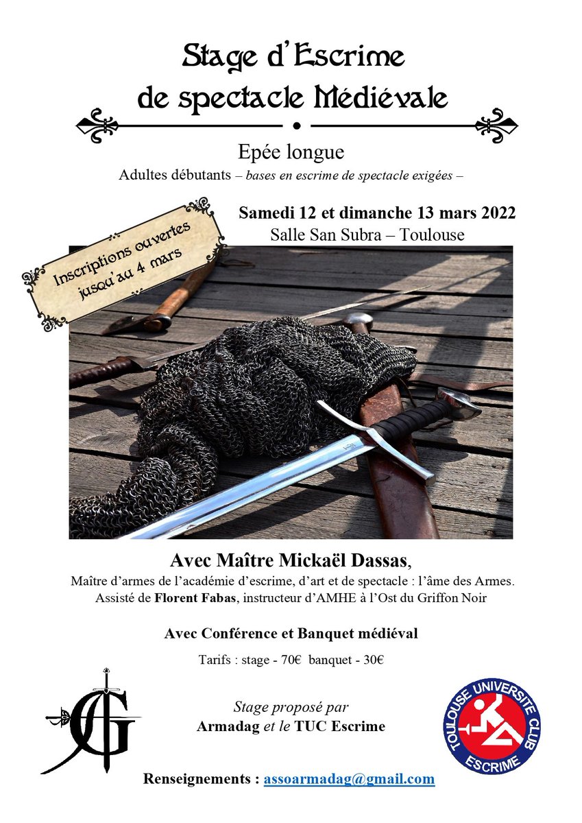 assoArmadag's tweet photo. Venez assister au stage d'escrime médiévale d'Armadag ! Infos et contact ci-dessous. #escrime #escrimeartistique #stage #fencing #stagefencing #conférence #banquet #medieval #amhe #toulouse https://t.co/FcJrFSKxcQ
