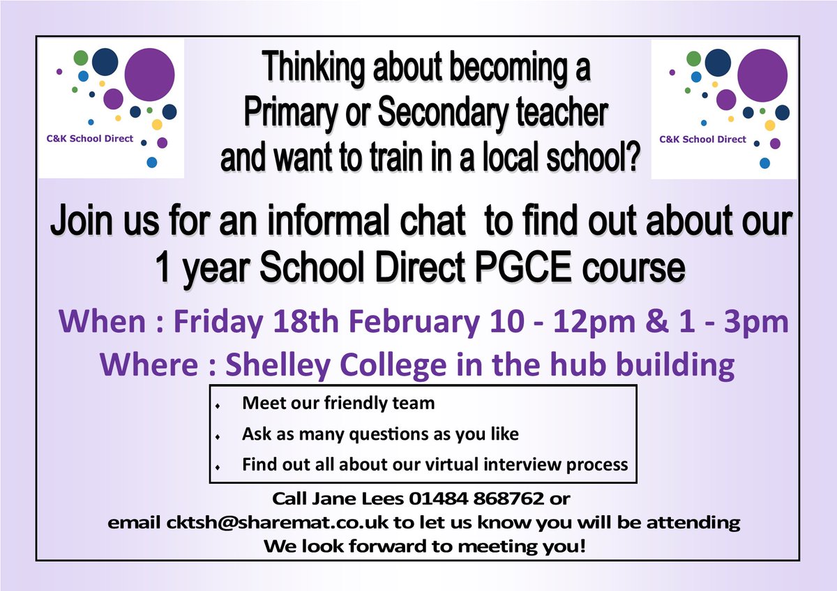 CKTSHub's tweet image. Considering #GettingIntoTeaching Come along &amp;amp; visit us 
@ShelleyCollege
Fri 18 Feb ALL WELCOME for a CUPPA &amp;amp; A CHAT about our #Secondary #Primary courses starting Sept 2022 including advice on how to apply 
Email cktsh@sharemat.co.uk to let me know you would like to join us.
