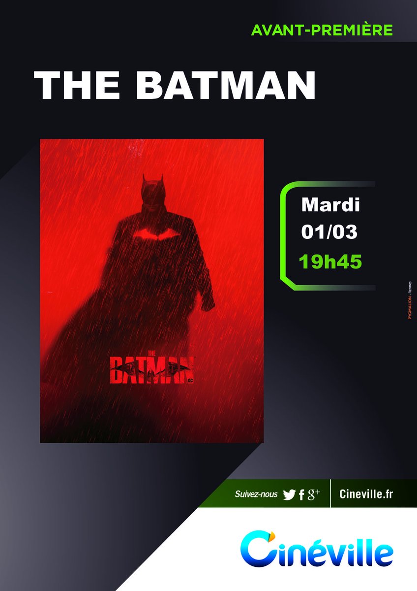 CINEVILLEVERN's tweet photo. 🔴 [Avant-première] The Batman

▶️ mardi 01 mars - 19h45

⭕ Réservez vos places : https://t.co/7VXoCnfkZu

#Cinéville #Rennes #thebatman https://t.co/ldyz4y43G0