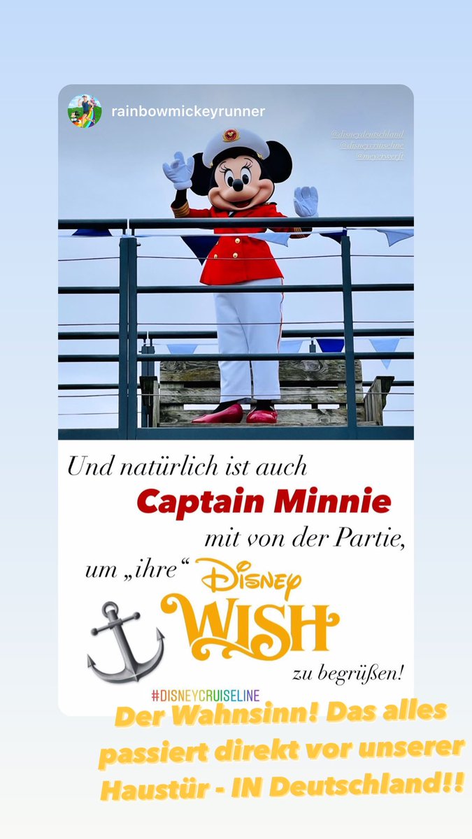 DisneyCentralDE's tweet photo. The #DisneyWish is out!! And we're greated by #CaptainMinnie. Wooow!!! 🚢

Awesome pics from @RBMickeyRunner  who's there live in Papenburg right now! 🎉

#DisneyCruiseLine #MinnieMouse #MeyerWerft #Rapunzel #disneycharacters #disneycruise #dcl https://t.co/AdaFceBazd